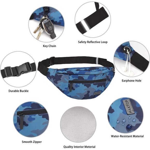 Women Men Camo Blue Large Crossbody Fanny Pack Belt Bag Hands-Free Waist Pack - Picture 4 of 7